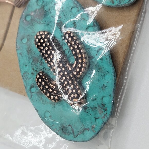 Southwestern Cactus on Blue Patina Brushed Oval Earring New in Package Lucky You - Picture 2 of 9